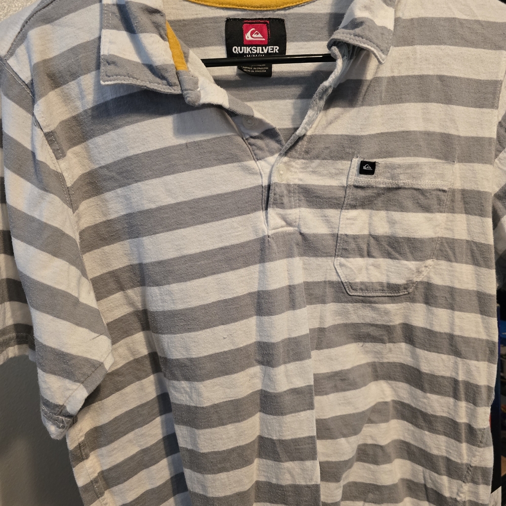Quiksilver Gray and White Striped Polo Shirt